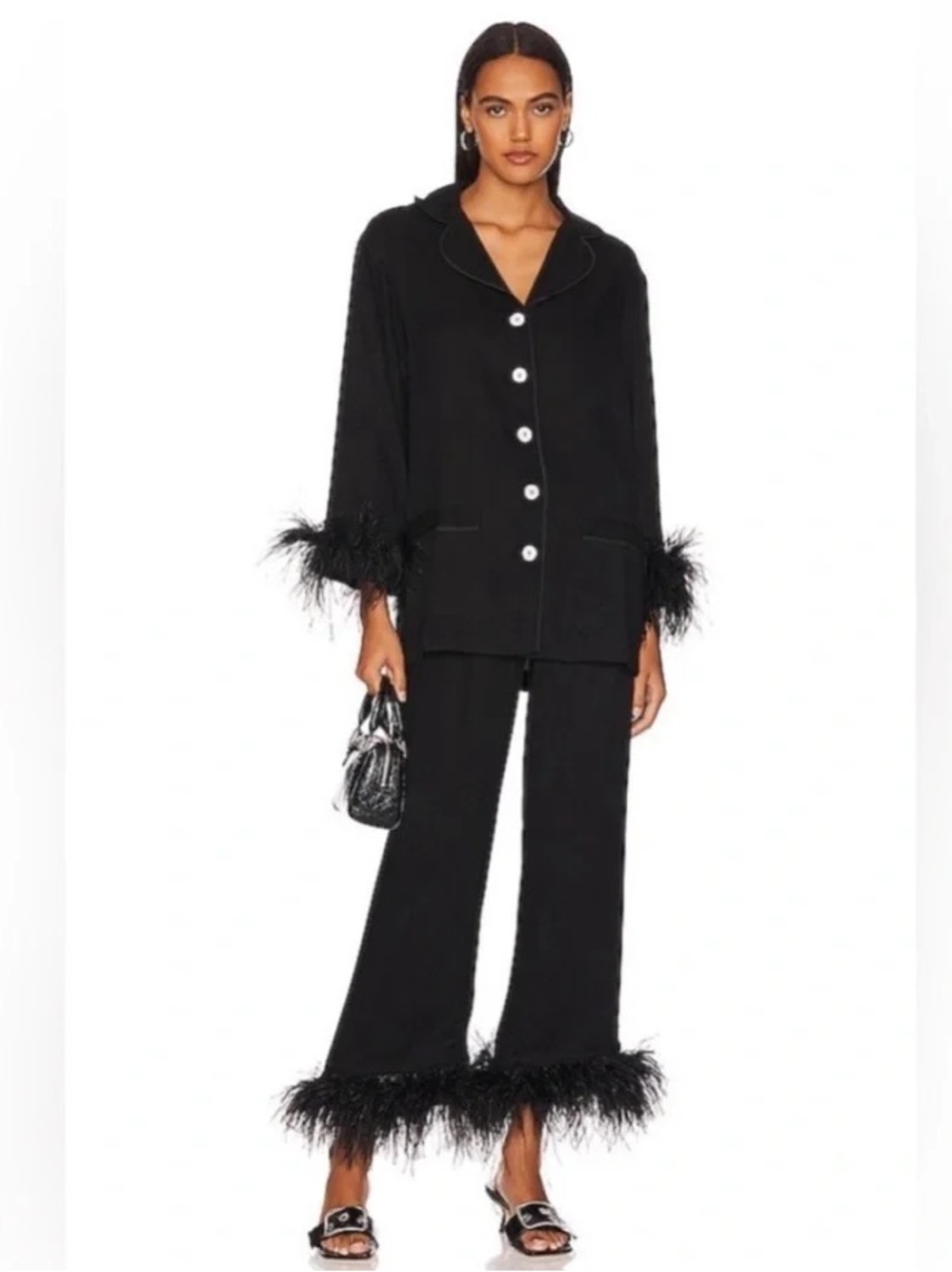 Sleeper Party Pajama Set with Double Feathers in Black XS